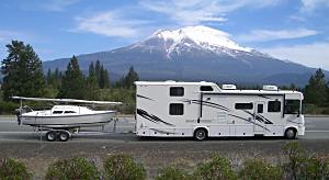 The Windseeker with the Anne Marie in tow, picture in front of Mt Shasta